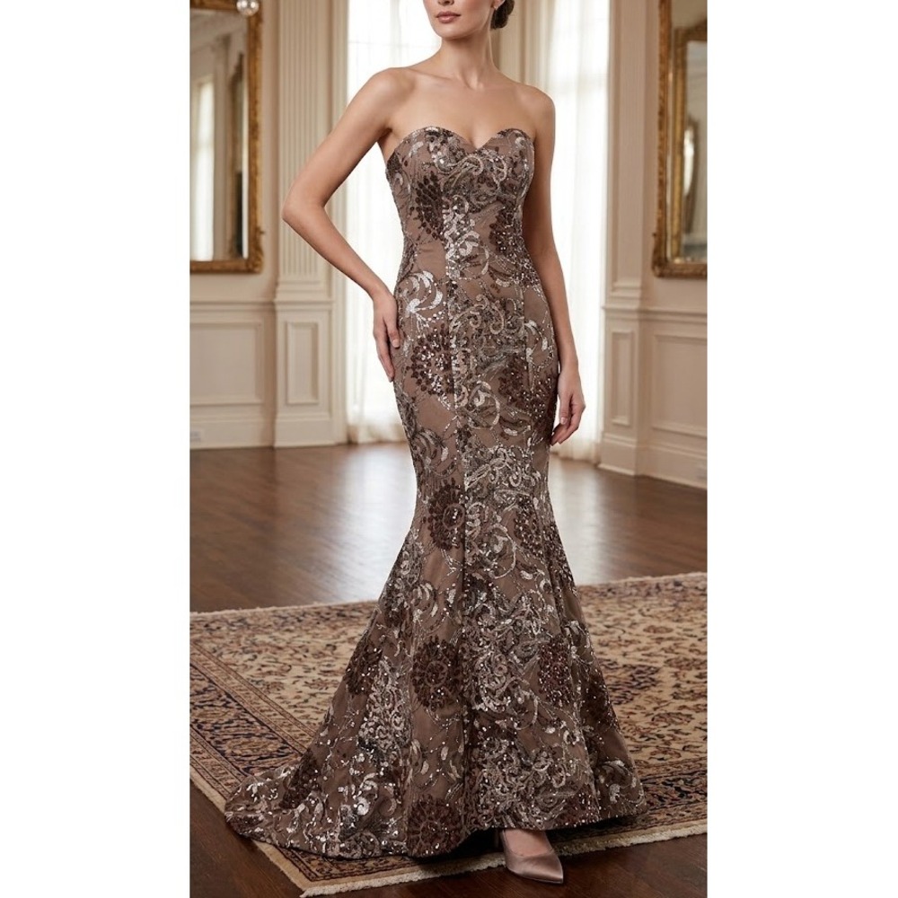 John Paul Ataker Bronze Sequin Floral Mermaid Gown Strapless Dress Size 38/ US 6